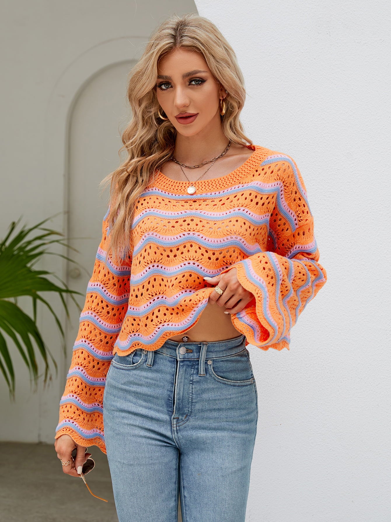 Round Neck Openwork Flare Sleeve Knit Top 