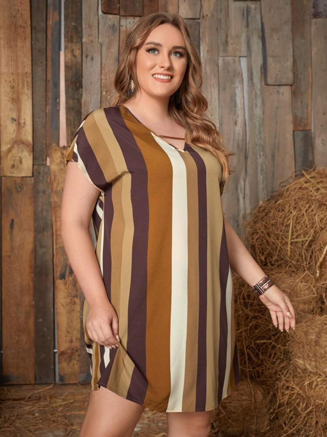 Plus Size Striped Short Sleeve Mini Dress 