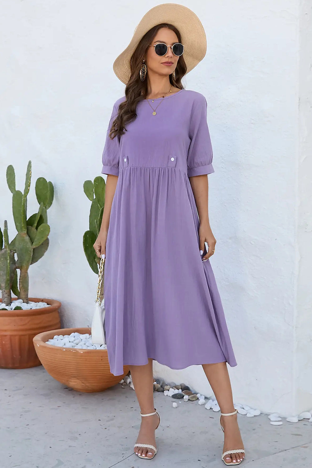 Decorative Button Round Neck Half Sleeve Dress 