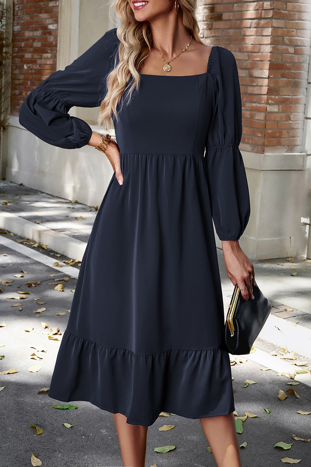 Square Neck Balloon Sleeve Midi Dress 