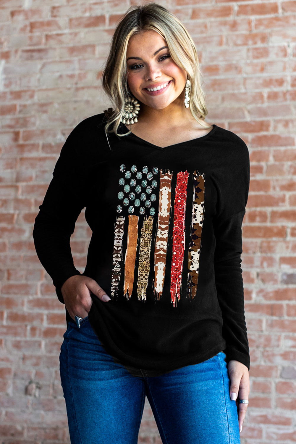 Graphic V-Neck Long Sleeve Top 