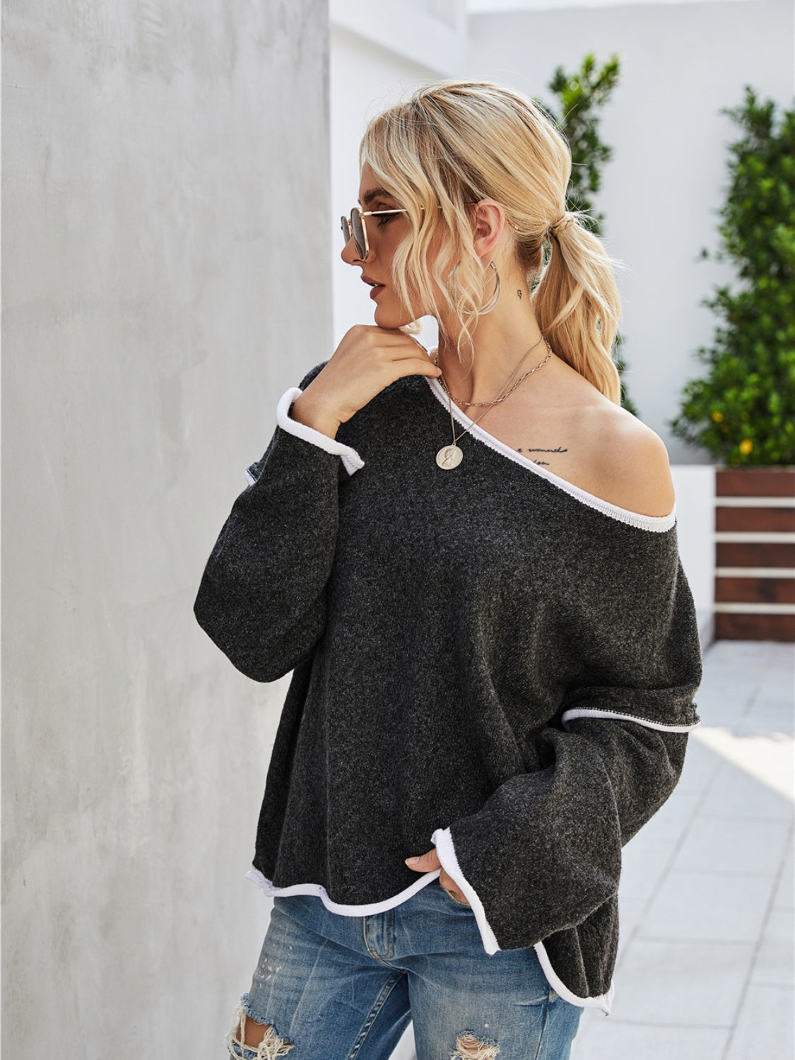 Boat Neck Dropped Shoulder Sweater 