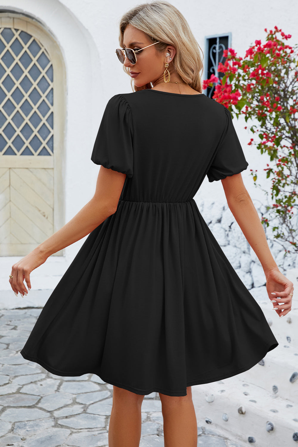 V-Neck Balloon Short Sleeve Dress 