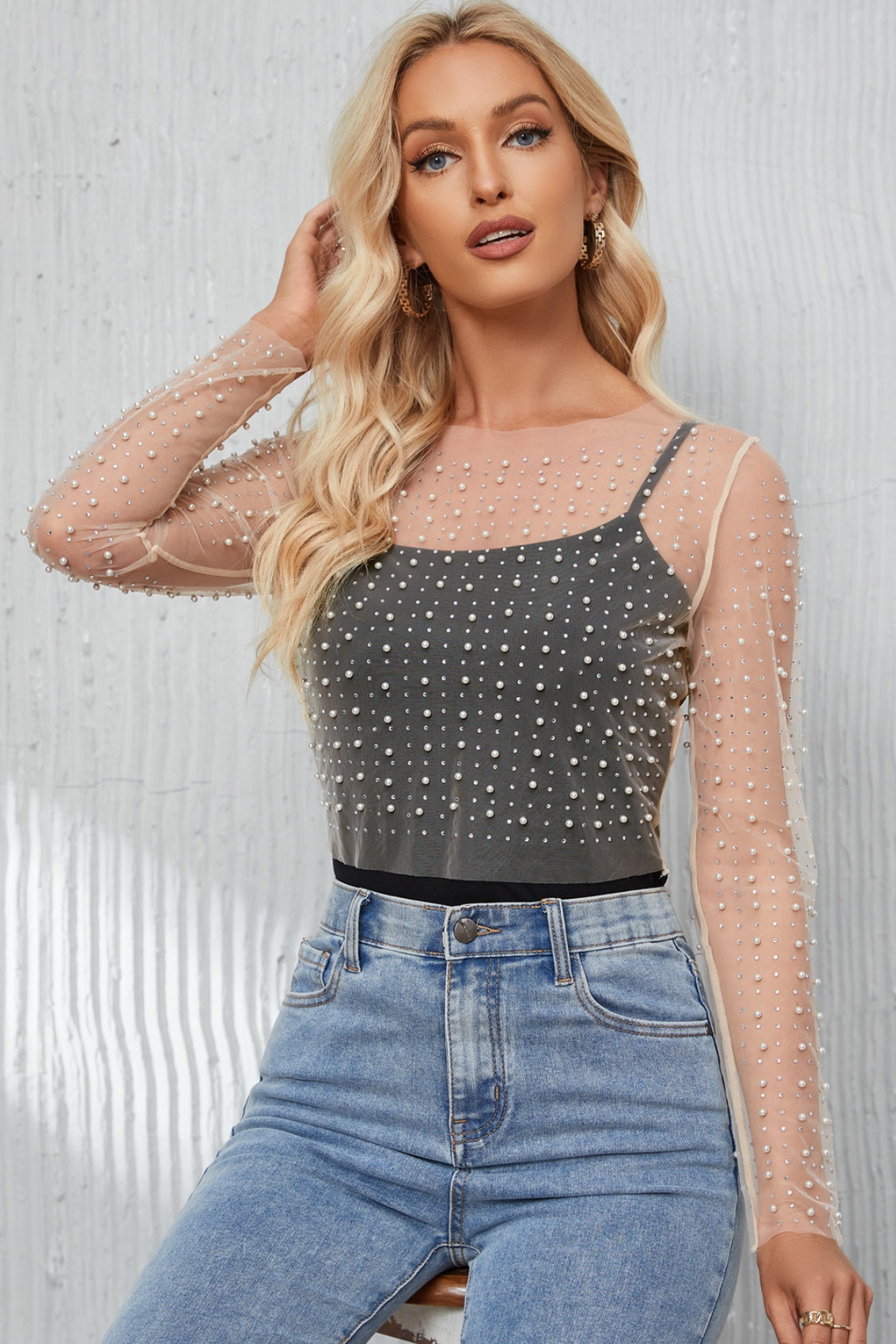 Pearl Long Sleeve Mesh Cropped Top - Babbazon Tops