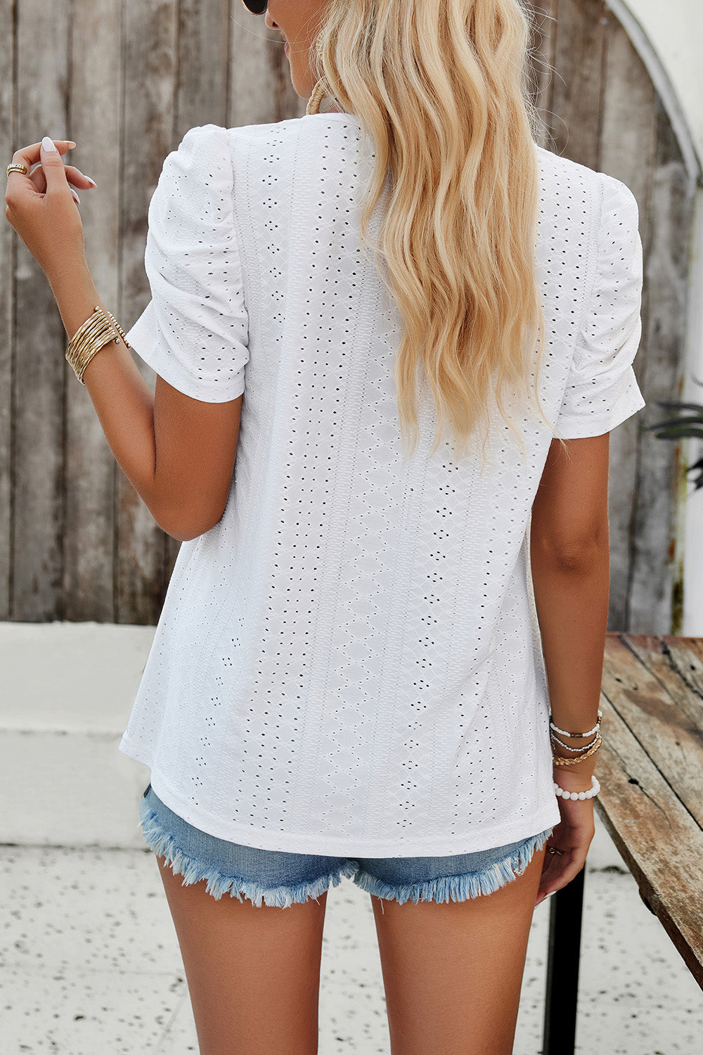 Eyelet Square Neck Puff Sleeve T-Shirt 