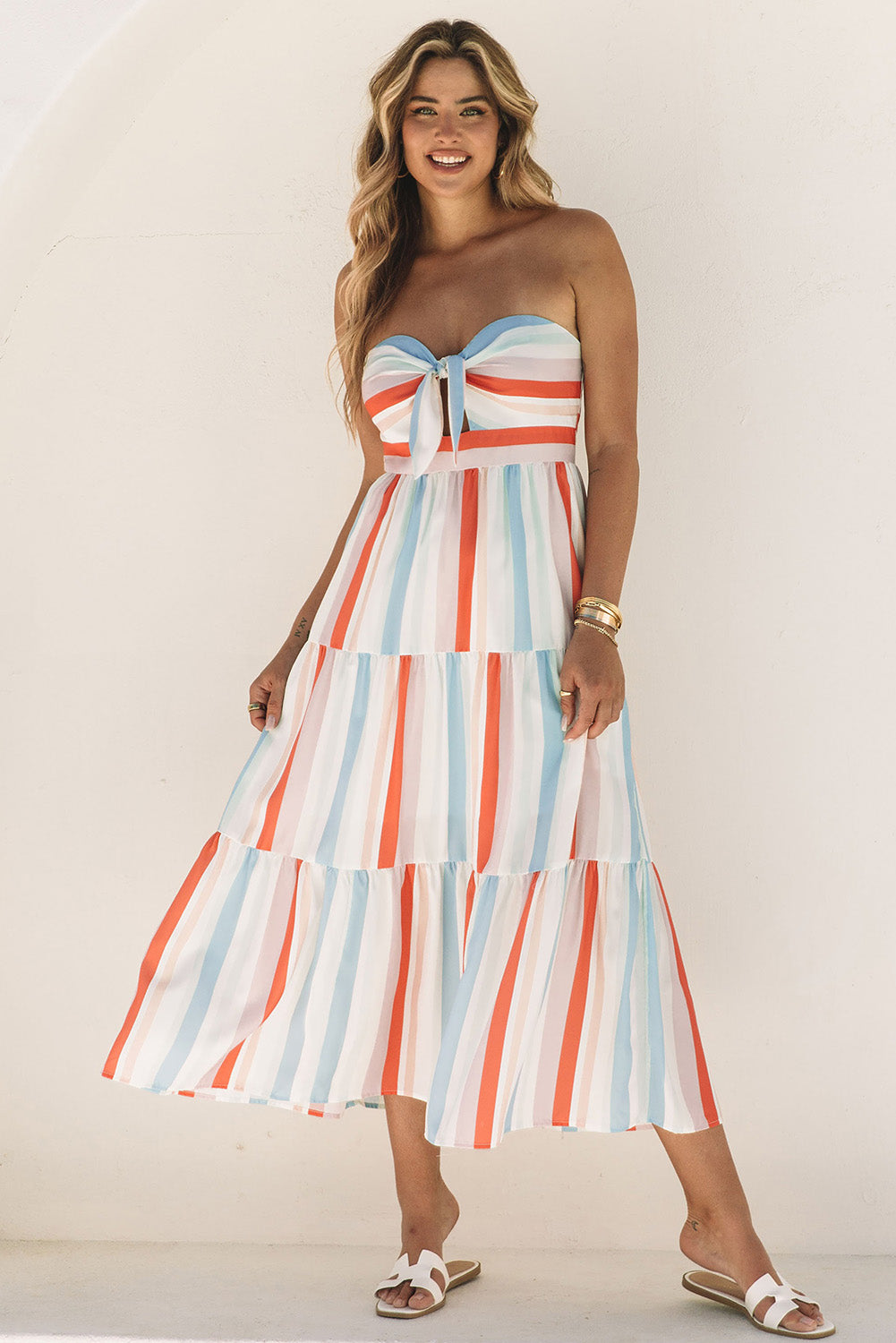 Striped Strapless Sweetheart Neck Dress - Babbazon Midi Dress