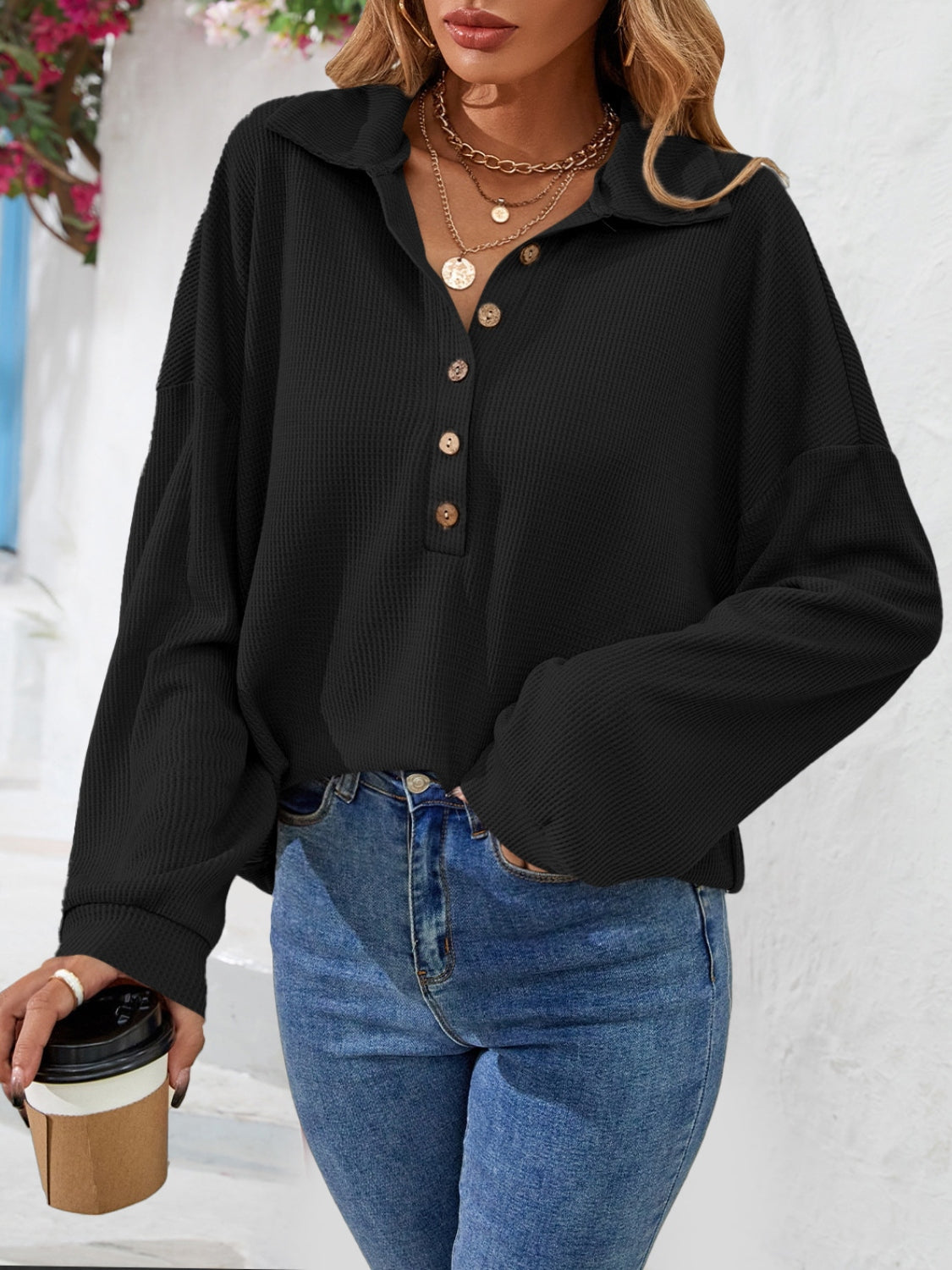 Half Button Collared Neck Long Sleeve Top 