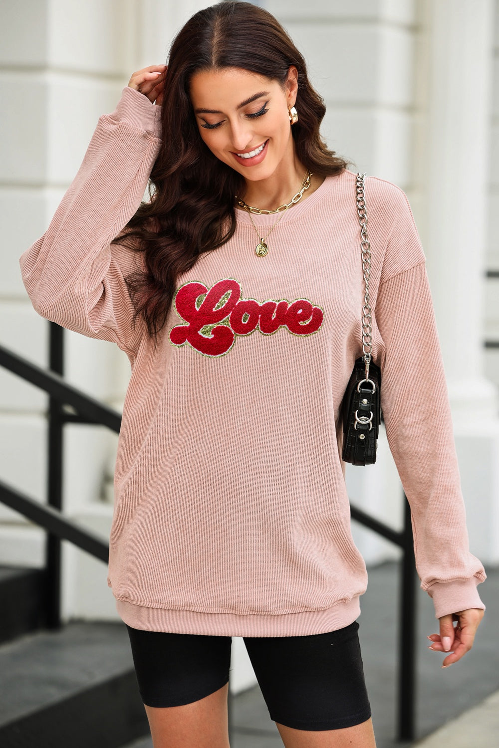 LOVE Round Neck Dropped Shoulder Sweatshirt - Babbazon sweatshirt