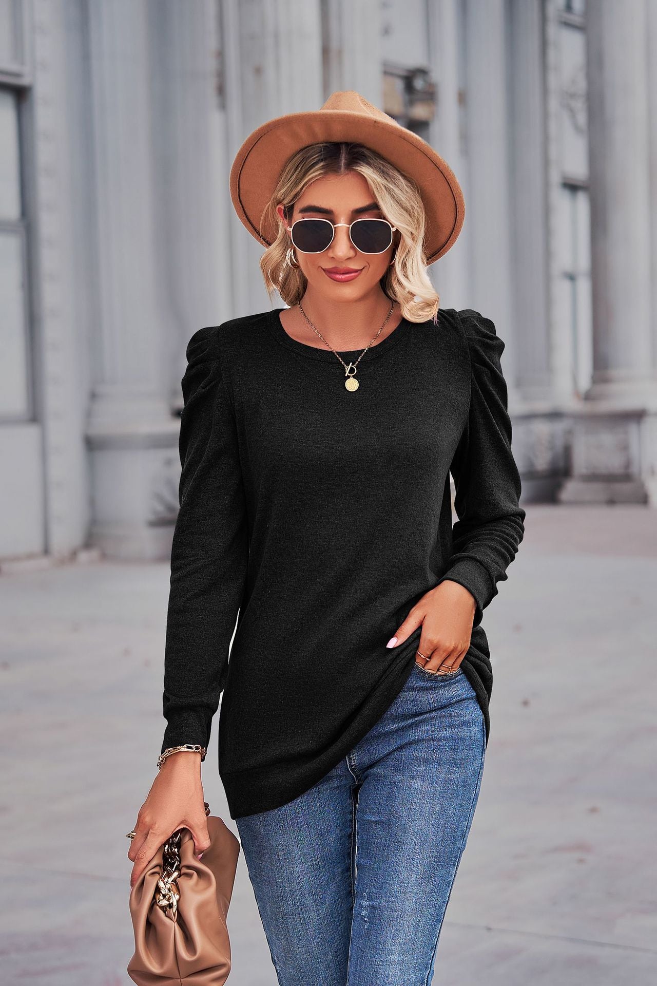 Heathered Puff Sleeve Round Neck Tunic Top 