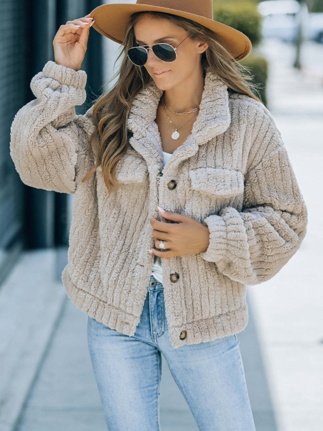 Fuzzy Button Up Collared Neck Jacket 