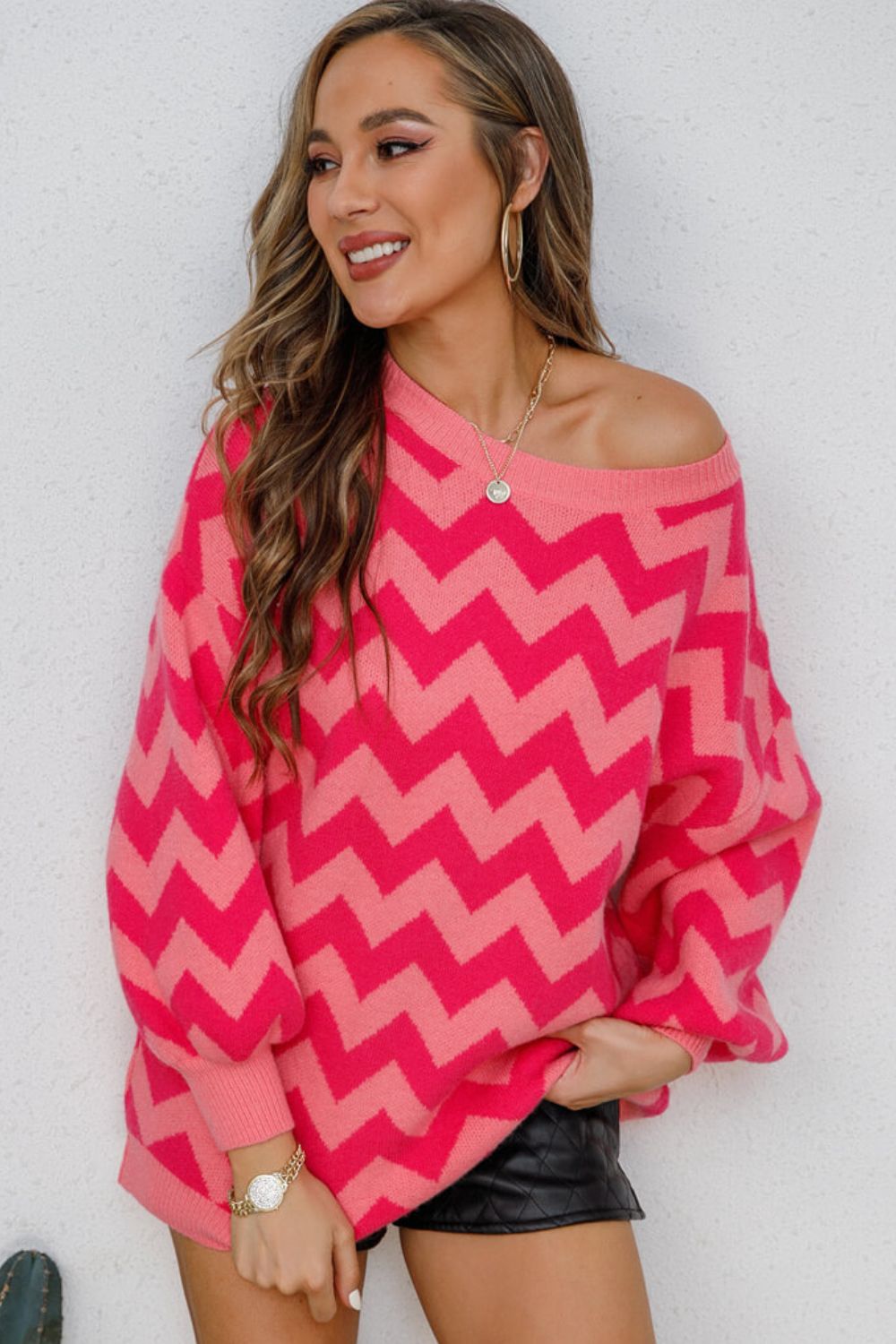 Chevron Lantern Sleeve Tunic Sweater 