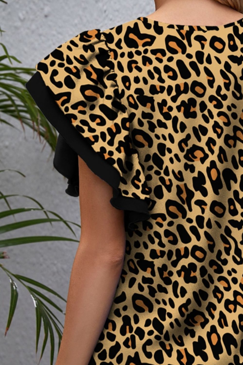 Leopard Round Neck Flounce Sleeve Blouse 