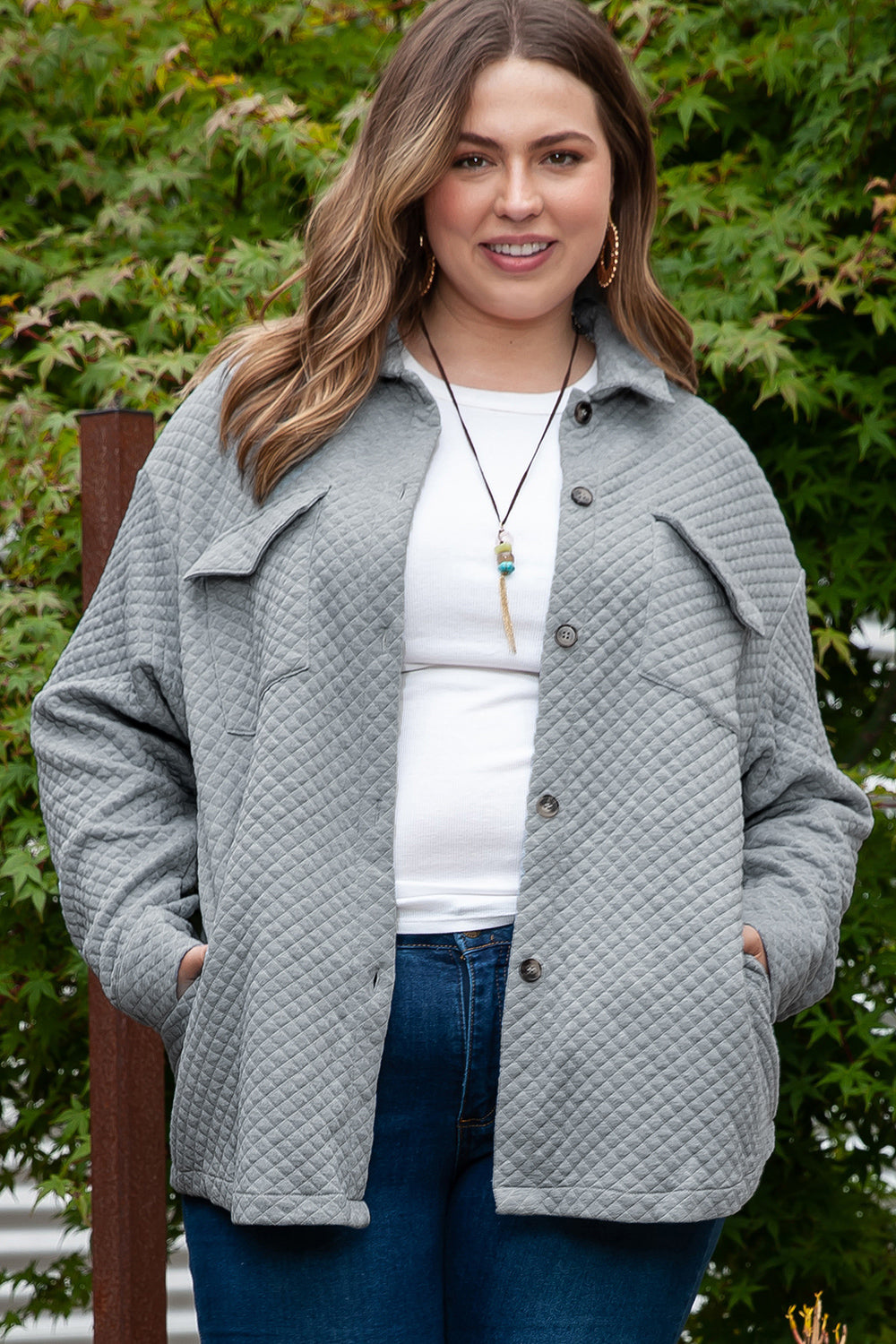 Plus Size Collared Neck Button Up Pocketed Jacket 