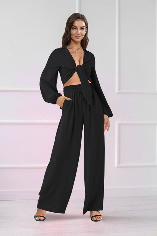 Cutout Long Sleeve Top and Wide Leg Pants Set 