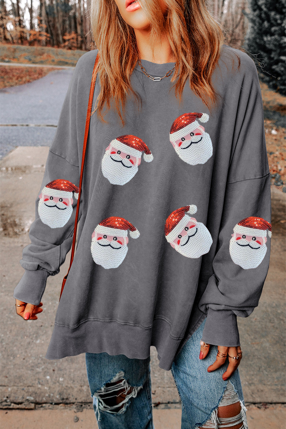 Sequin Santa Round Neck Slit Sweatshirt - Babbazon Sparkly Clothes