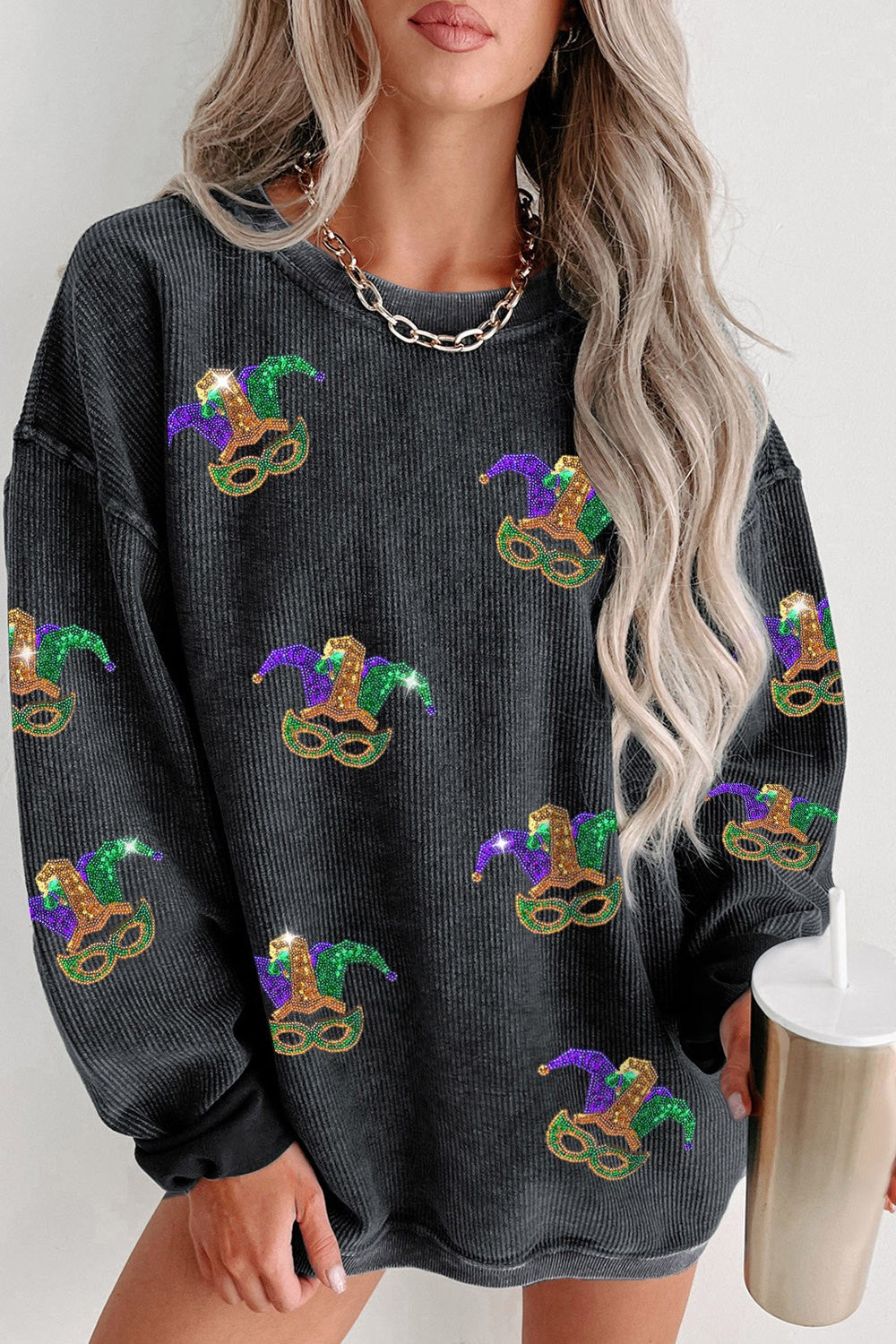 Printed Sequin Round Neck Dropped Shoulder Sweatshirt - Babbazon sweatshirt