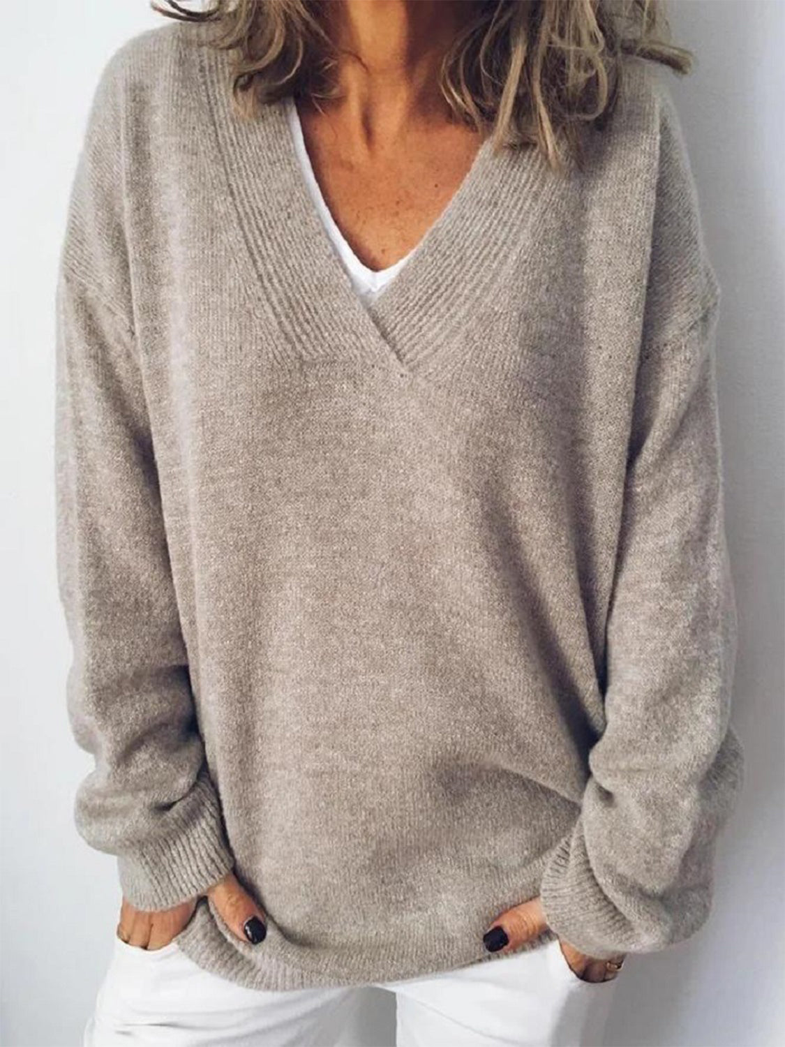 V-Neck Dropped Shoulder Sweater 