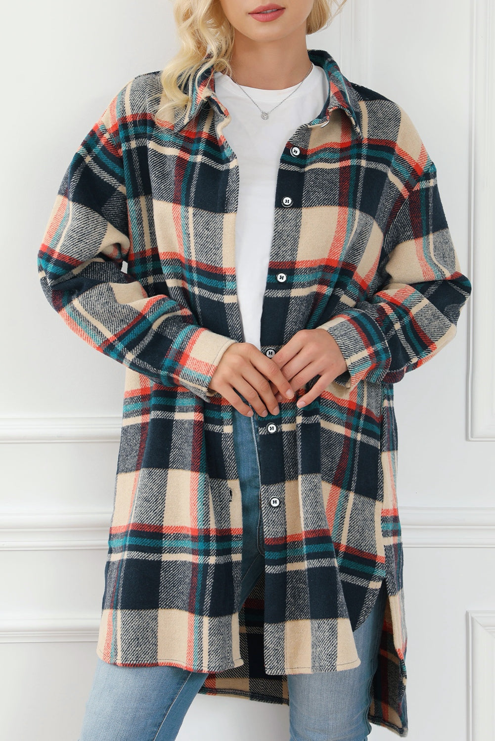 Plaid Button Up Long Sleeve Slit Shacket 