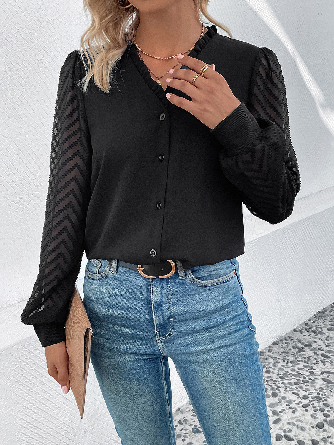 Mesh V-Neck Button Front Blouse 