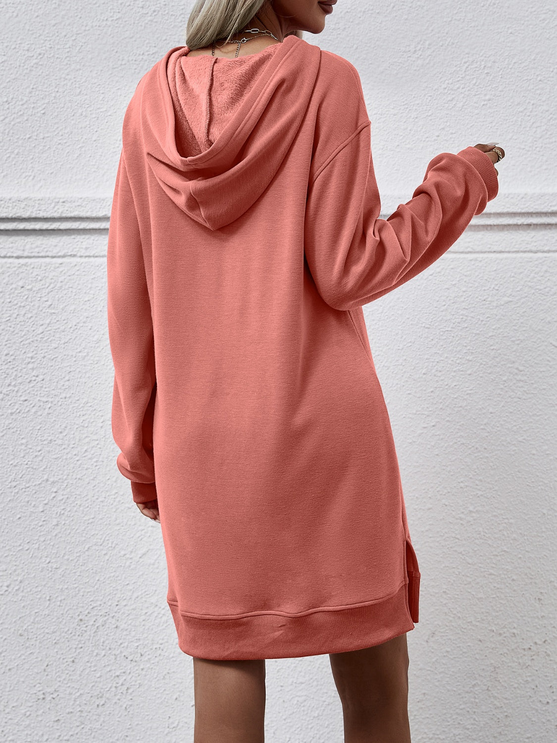 Slit Long Sleeve Hooded Dress with Pocket 