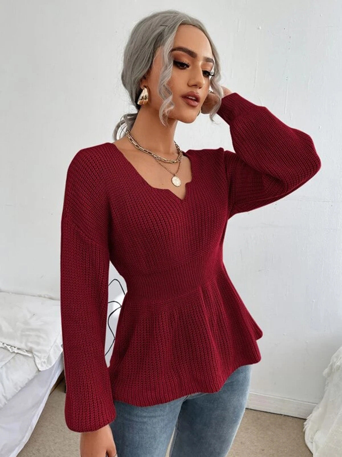 Notched Dropped Shoulder Knit Top 