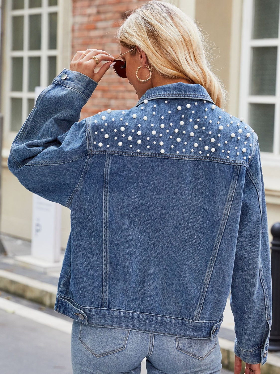 Pearl Detail Collared Neck Long Sleeve Denim Jacket 