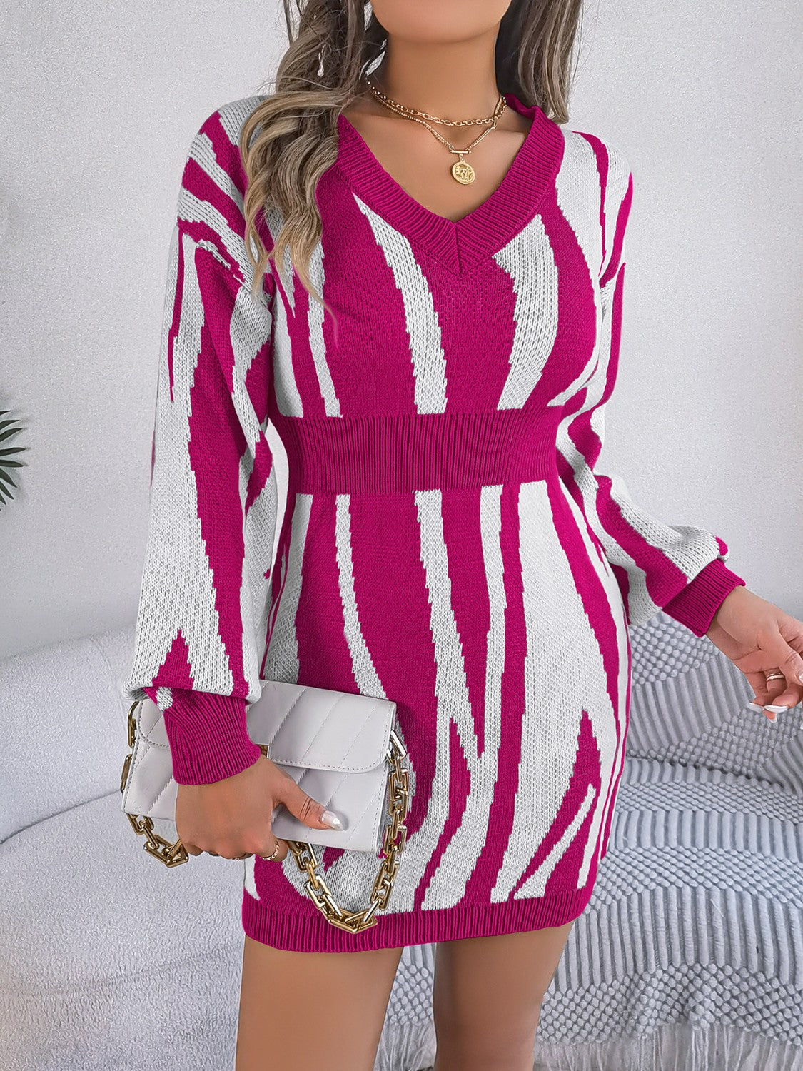 Animal Print V-Neck Long Sleeve Sweater Dress 