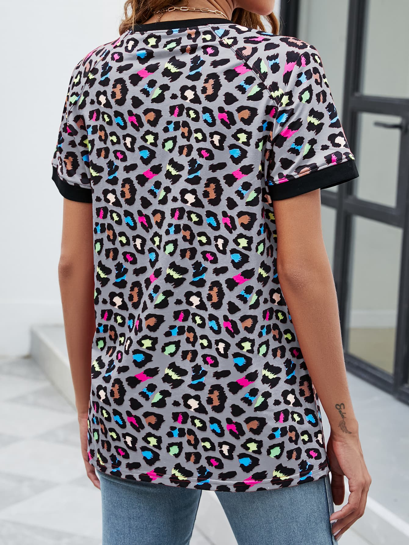 Leopard Round Neck Short Sleeve Tee Shirt 