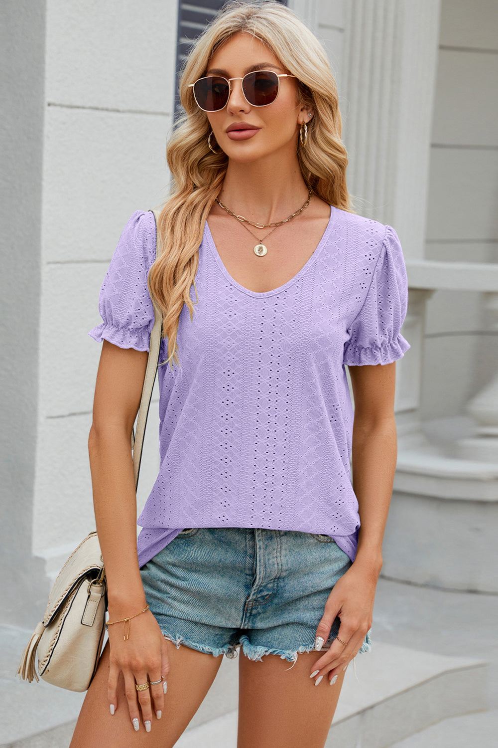 Eyelet Round Neck Flounce Sleeve T-Shirt 