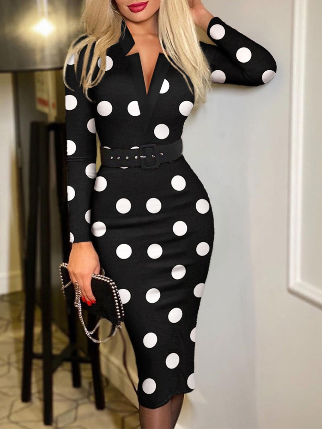 Printed Notched Long Sleeve Wrap Dress 