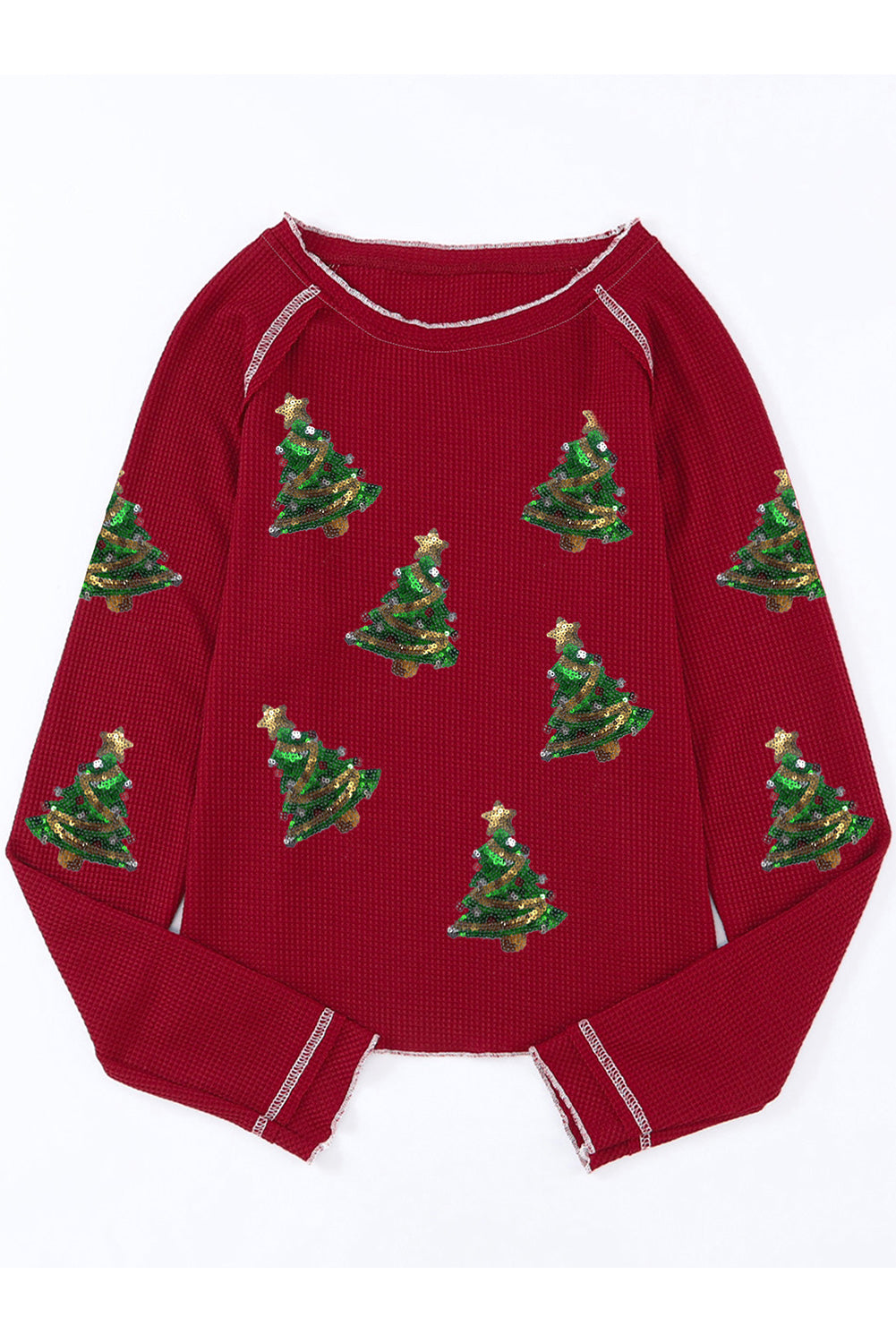 Christmas Tree Sequin Waffle Knit Long Sleeve Sweatshirt 