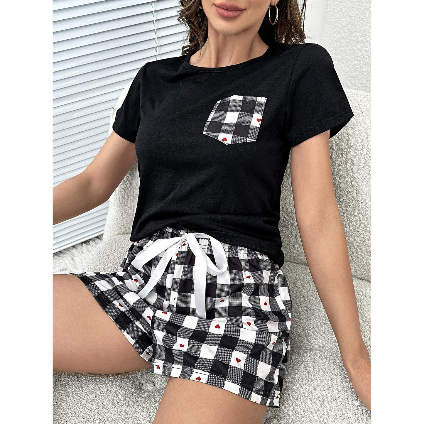 Plaid Heart Top and Shorts Lounge Set 