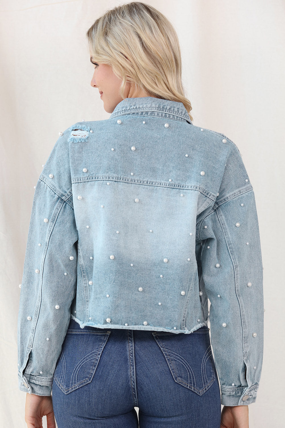 Distressed Pearl Trim Button Up Denim Jacket 