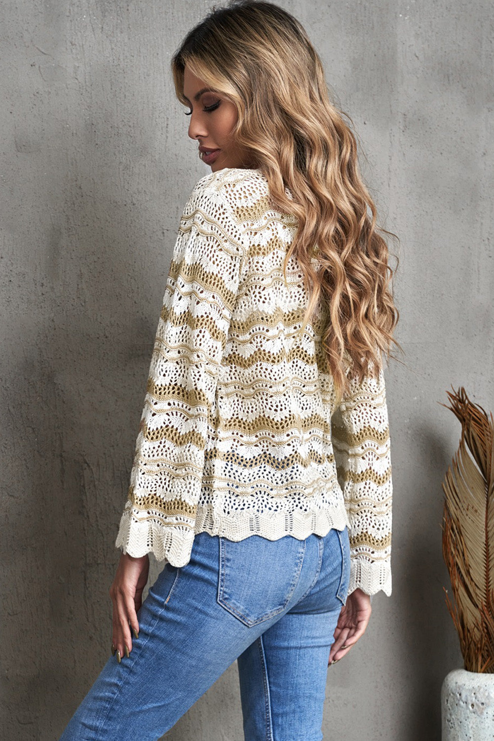 Wavy Stripe Scalloped Hem Openwork Knit Top 