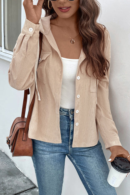 Ribbed Button Up Drawstring Hooded Jacket 