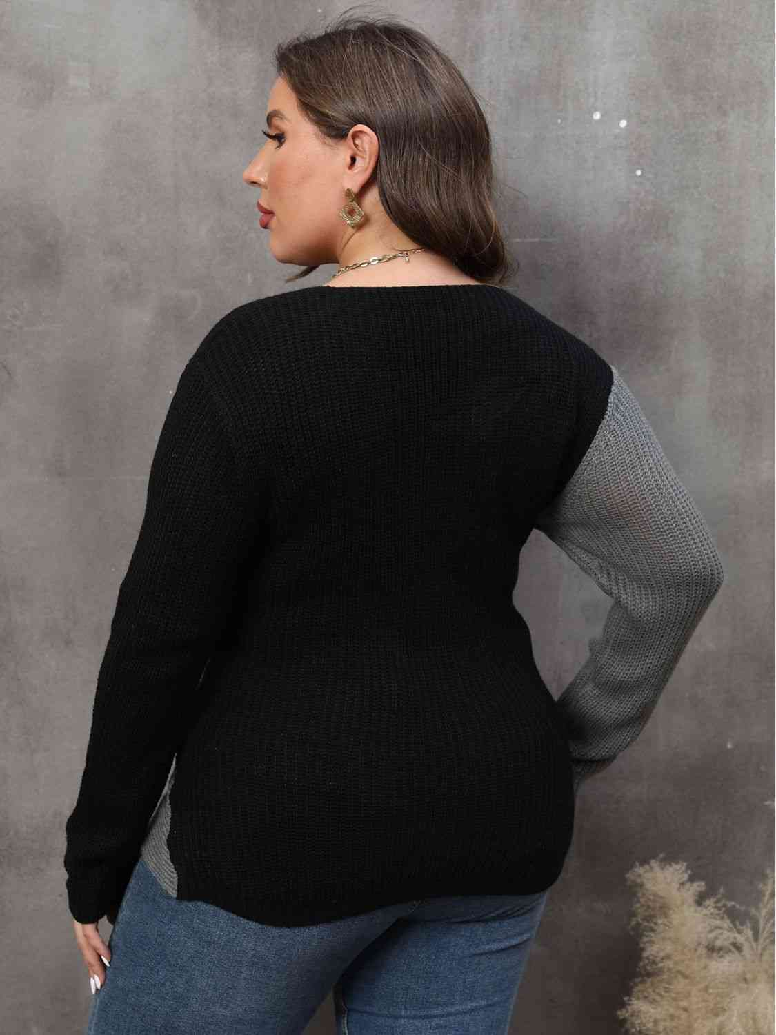 Plus Size Two-Tone Surplice Neck Sweater 