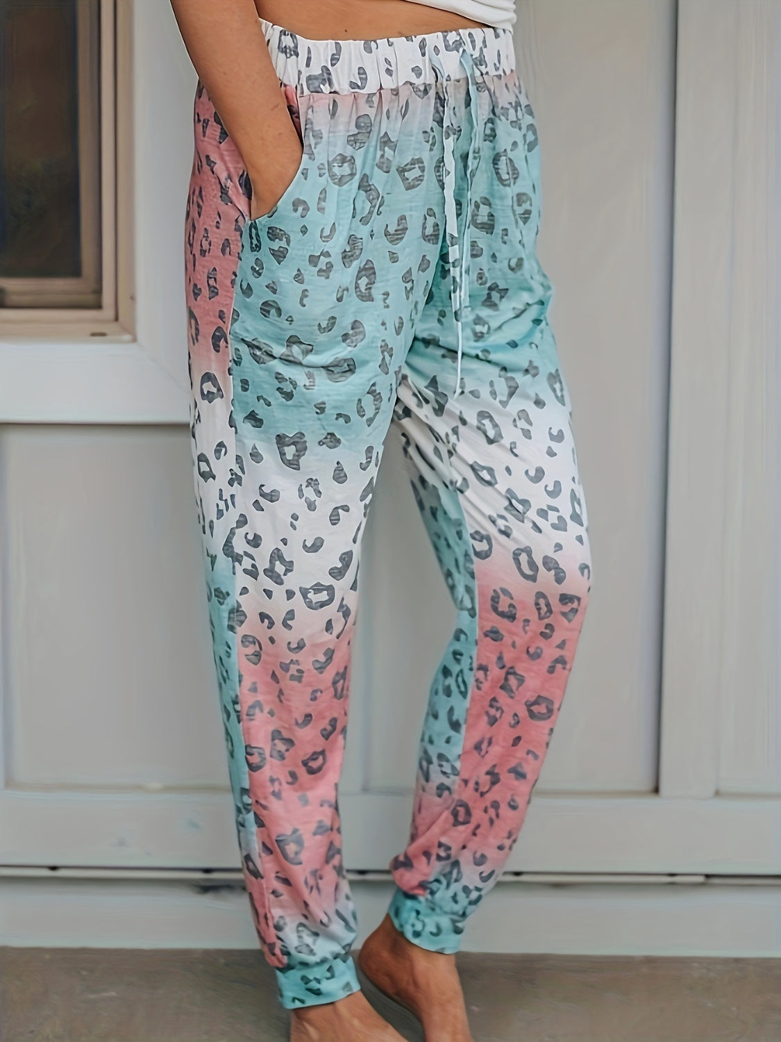 Drawstring Leopard Pants with Pockets 