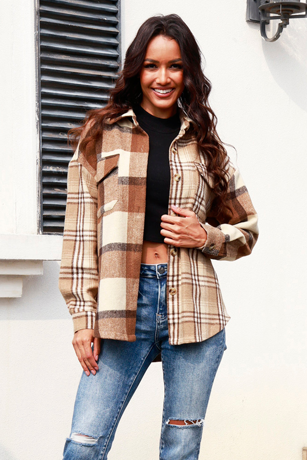 Plaid Button Up Collared Neck Long Sleeve Shacket 