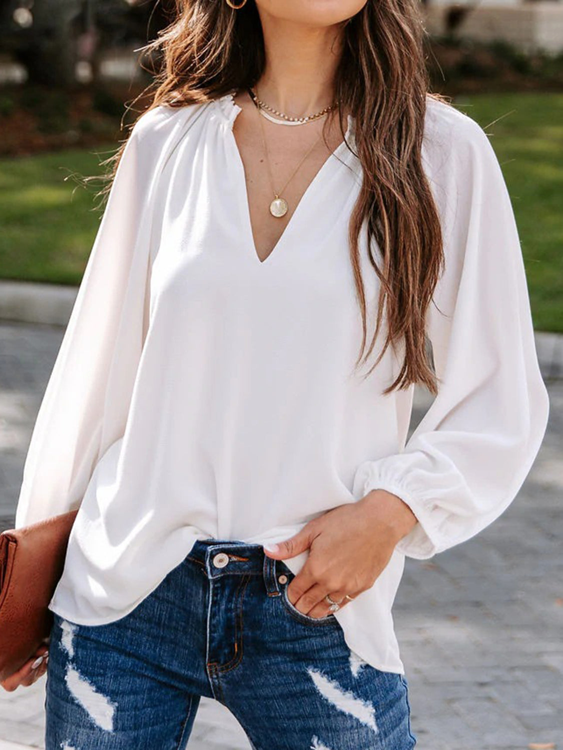 Notched Neck Long Sleeve Blouse 