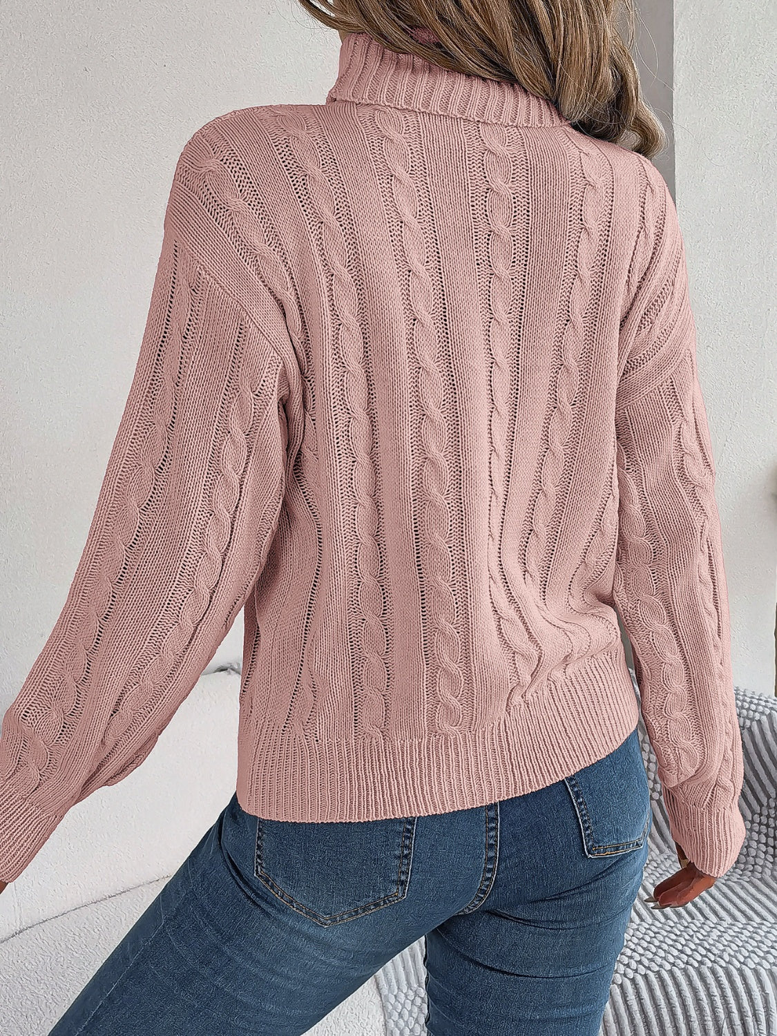 Cable-Knit Turtleneck Dropped Shoulder Sweater 