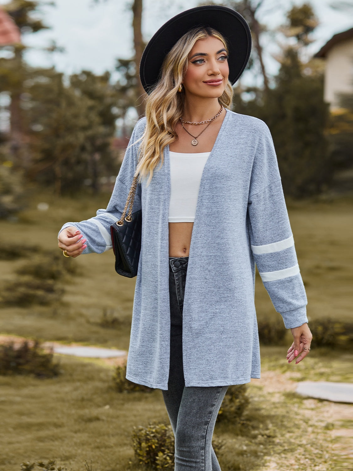 Striped Open Front Dropped Shoulder Cardigan 