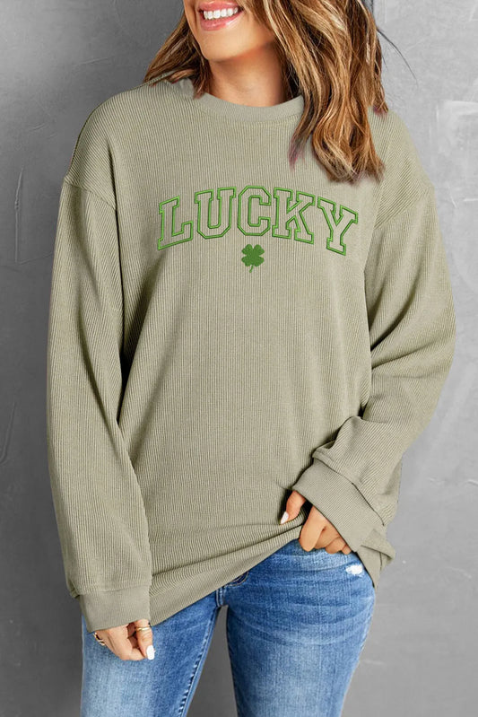 LUCKY Round Neck Dropped Shoulder Sweatshirt - Babbazon sweatshirt