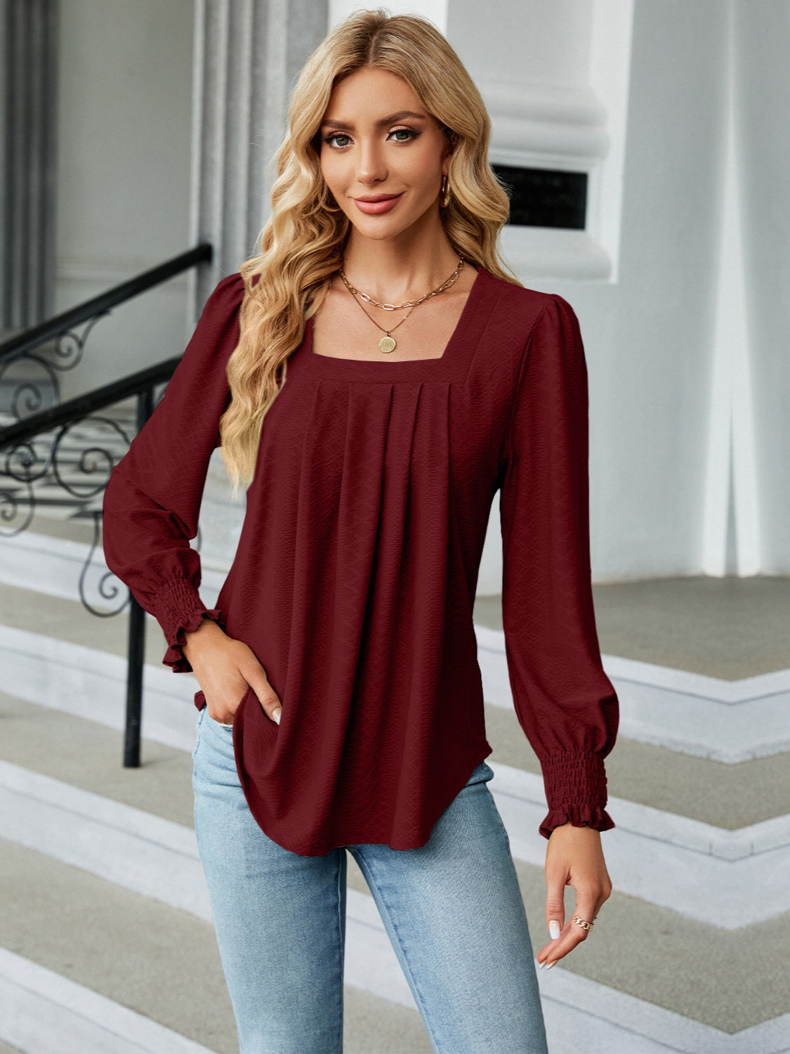 Ruched Square Neck Lantern Sleeve Blouse