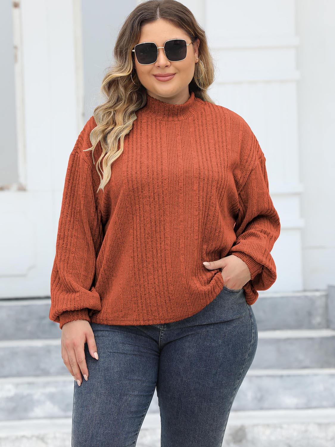 Plus Size Mock Neck Long Sleeve Knit Top 