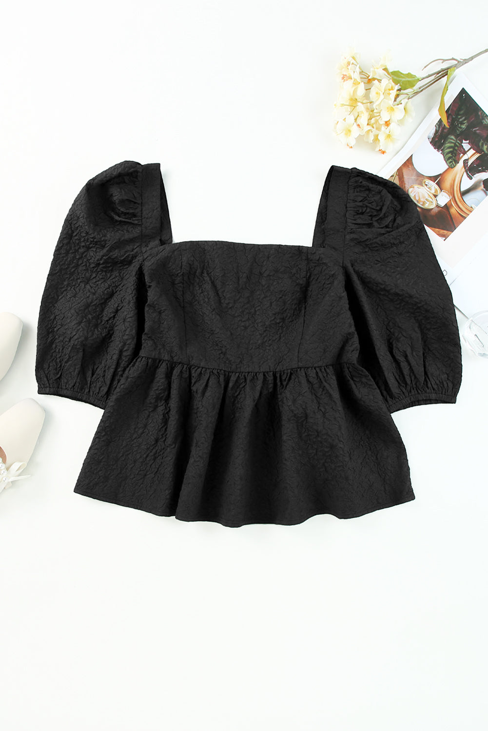 Square Neck Half Sleeve Peplum Blouse - Babbazon Camisole