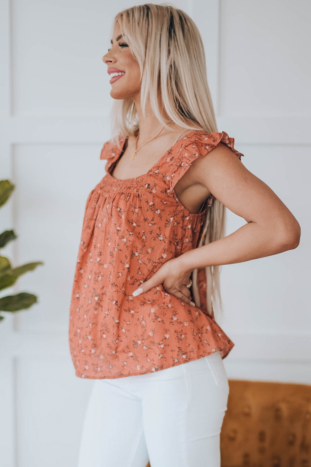 Floral Smocked Square Neck Top