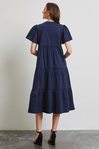 HEYSON Full Size Cotton Poplin Ruffled Tiered Midi Dress 