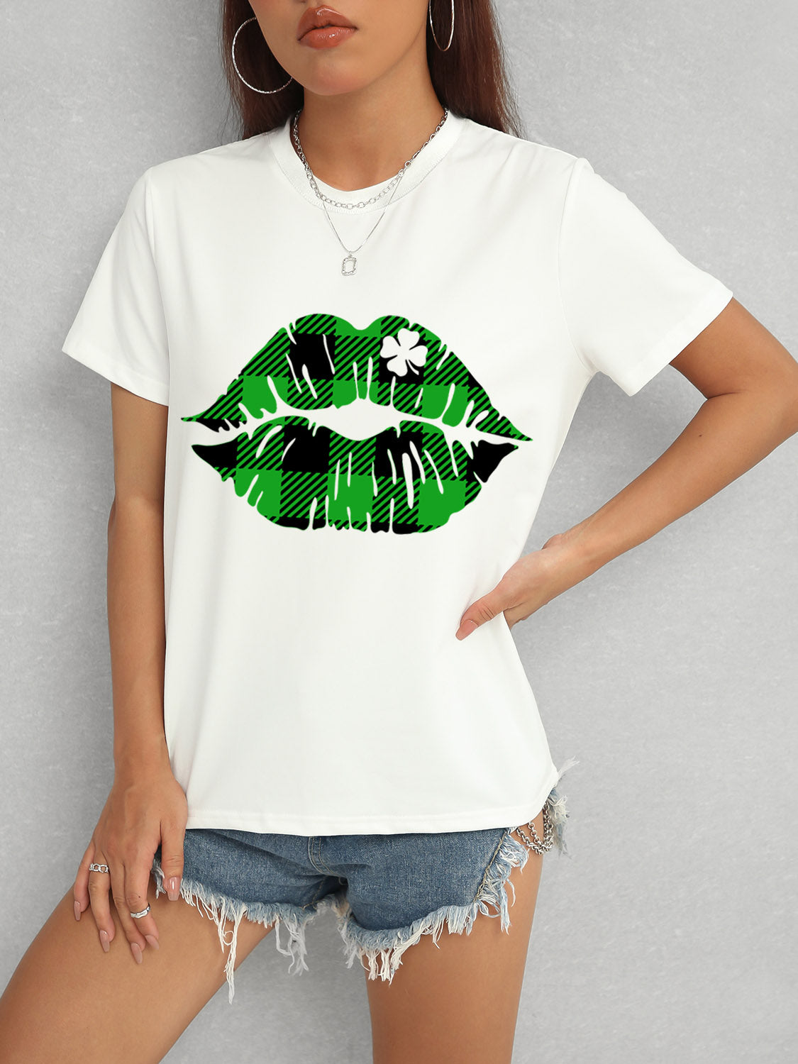 Plaid Lip Graphic Round Neck T-Shirt 