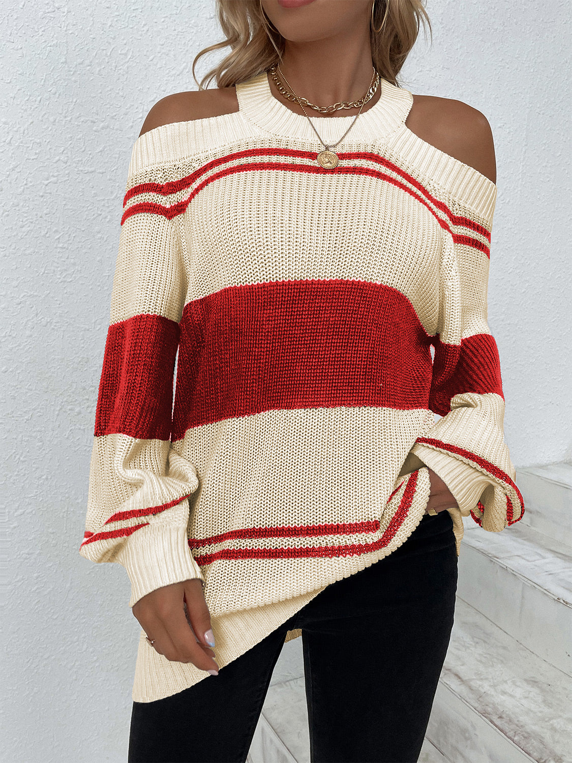 Color Block Striped Cold Shoulder Sweater 