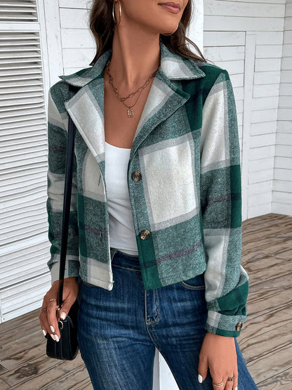 Plaid Collared Neck Button Up Long Sleeve Jacket 